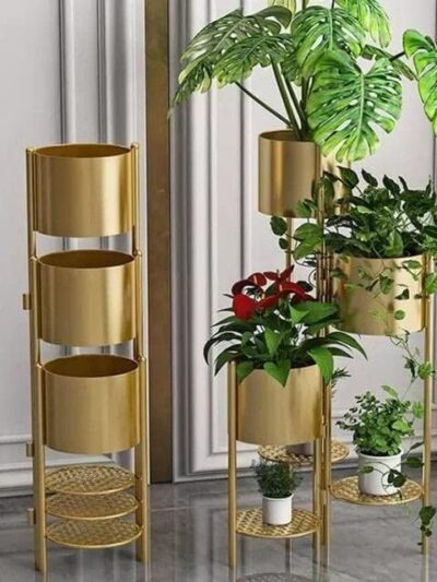Modern Metal Floor Flower Stands for Living Room Bedroom Display Plant Stand Tall Indoor Plant Stand with Planter Pot (Set of 3) (Gold)