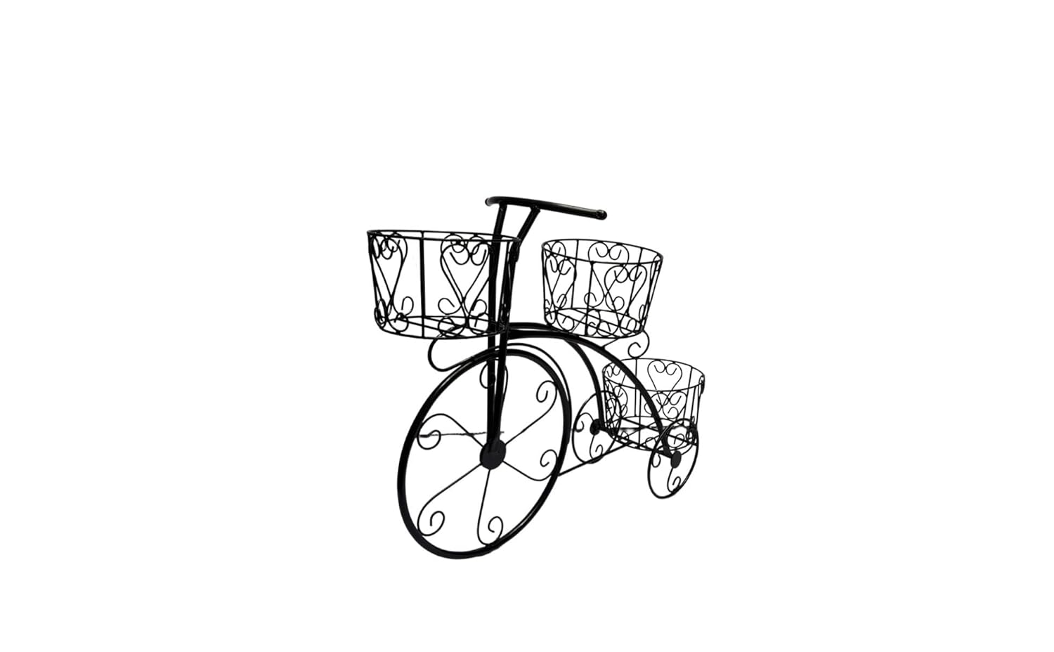 Black metal tricycle planter stand for outdoor decor