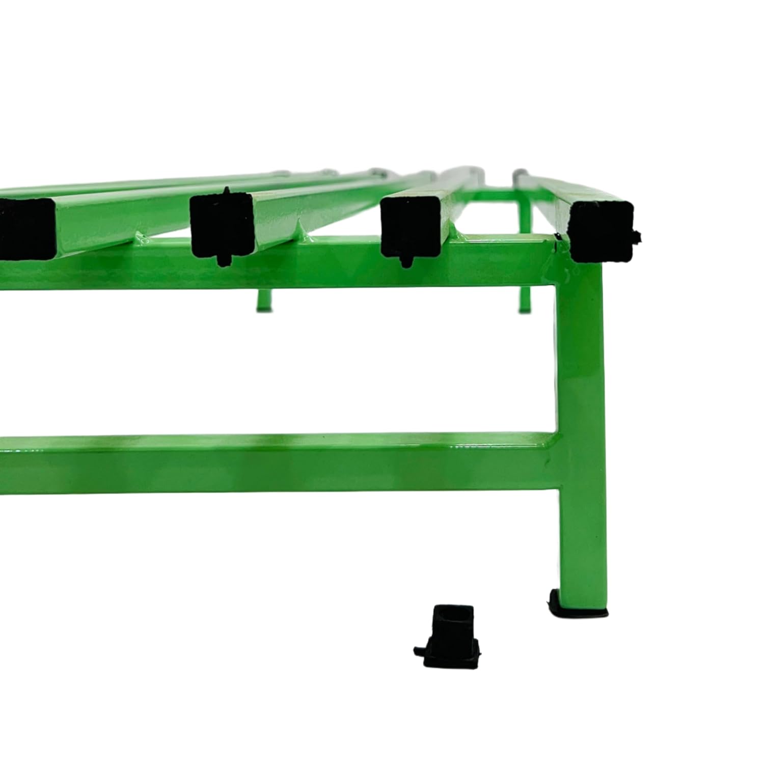 Close-up of green plant stand's iron construction