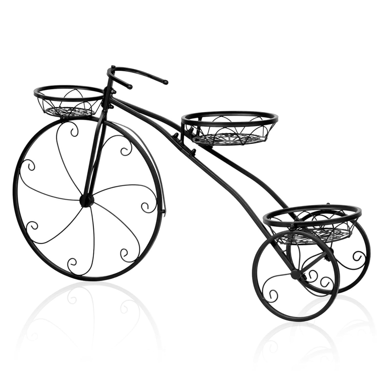 Black iron tricycle planter stand with succulents
