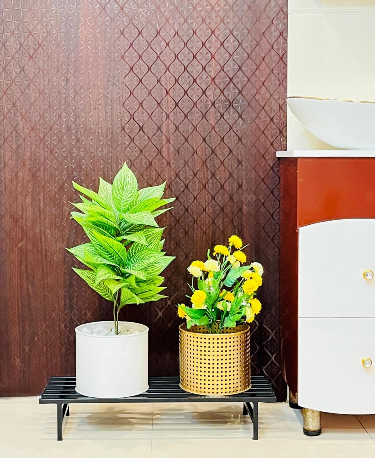 Black plant stand with multiple plants