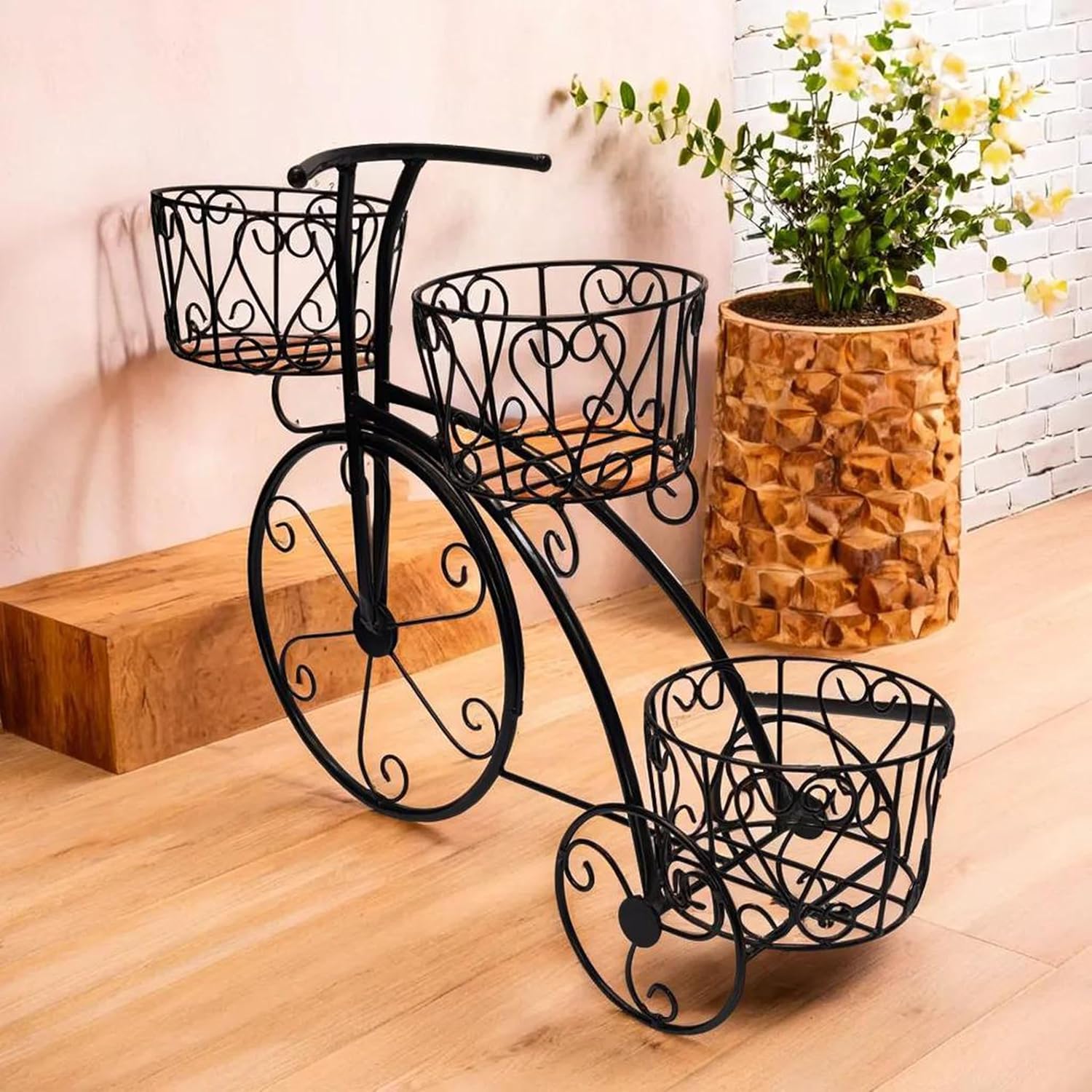 Black iron tricycle planter stand for indoor decor