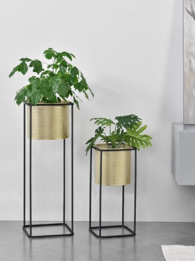 AMASS HANDICRAFTS Mid Century Modern Metal Tall Plant Stand with Pot - Round Shape - Gold Color - Front View.