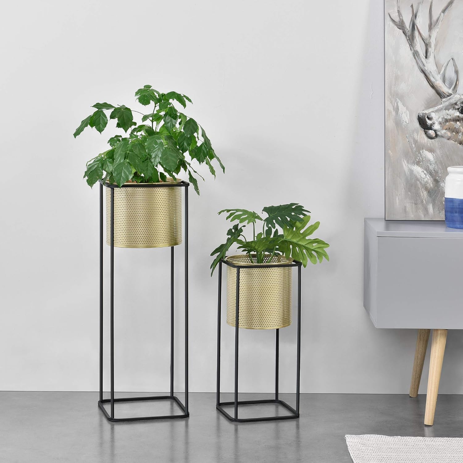 AMASS HANDICRAFTS Mid Century Modern Metal Tall Plant Stand with Pot - Round Shape - Gold Color - Front View.