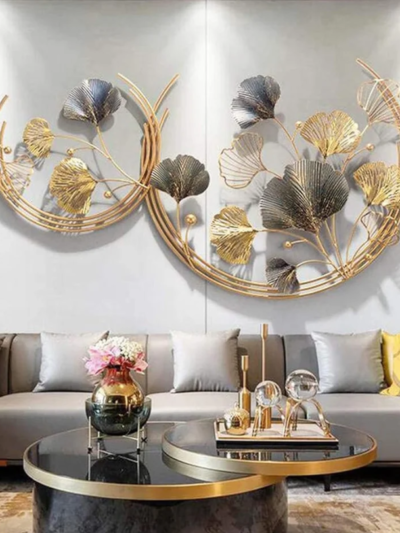 Golden Metal Half Moon with Leaf, a stunning piece of metal wall art for home decor.