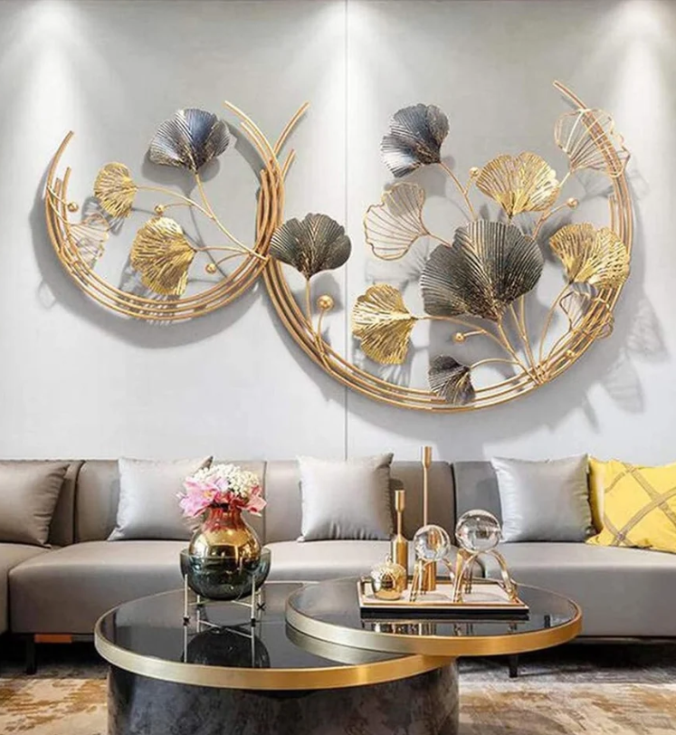 Golden Metal Half Moon with Leaf, a stunning piece of metal wall art for home decor.