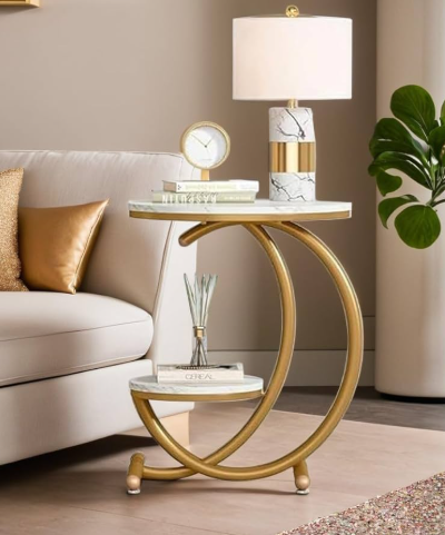 AMASS HANDICRAFTS 2-Tier End Table with C-Shaped Frame with Marble Top.