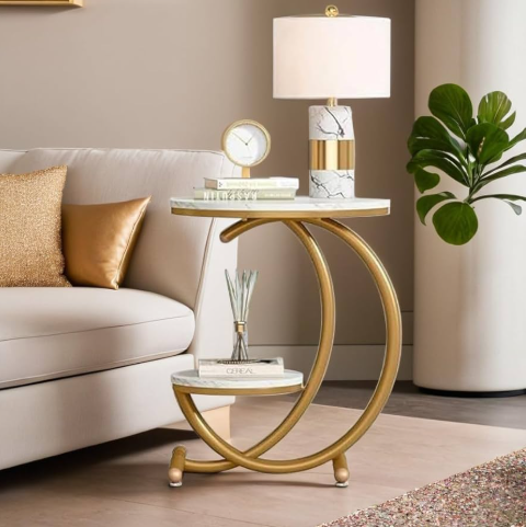 AMASS HANDICRAFTS 2-Tier End Table with C-Shaped Frame with Marble Top.