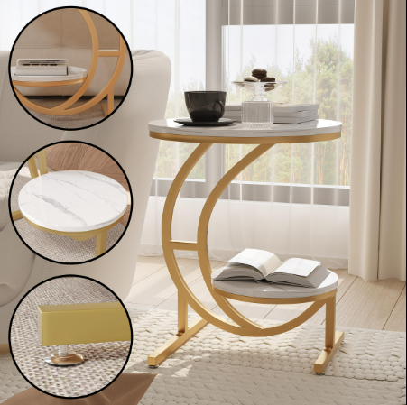 2-Tier End , Small Accent Side Table with C-Shaped Frame Both Indoors and Outside, The Sofa, Bedside Table, Bedroom, and Living Room are utilized. - Image 7