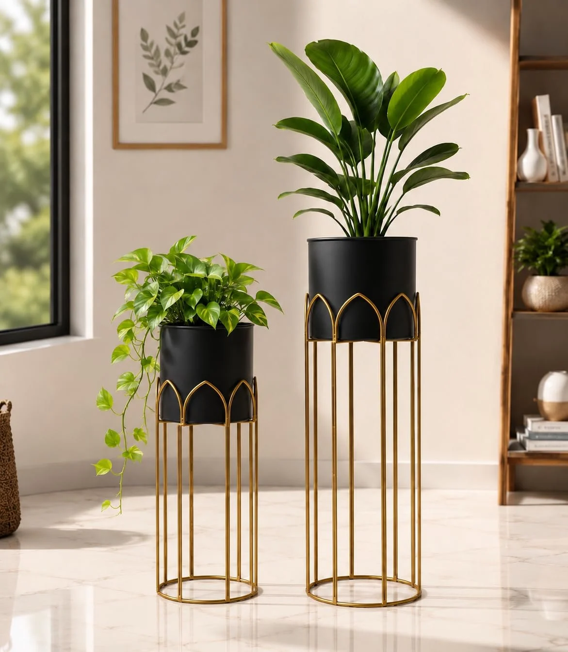 Modern, Stylish Metal Planter with Stand for Indoor & Outdoor Plants | Tall Plant Pot for Balcony, Living Room, Garden | Decorative Floor Flower Pot with Stand Set of 2 (Black) - Image 4