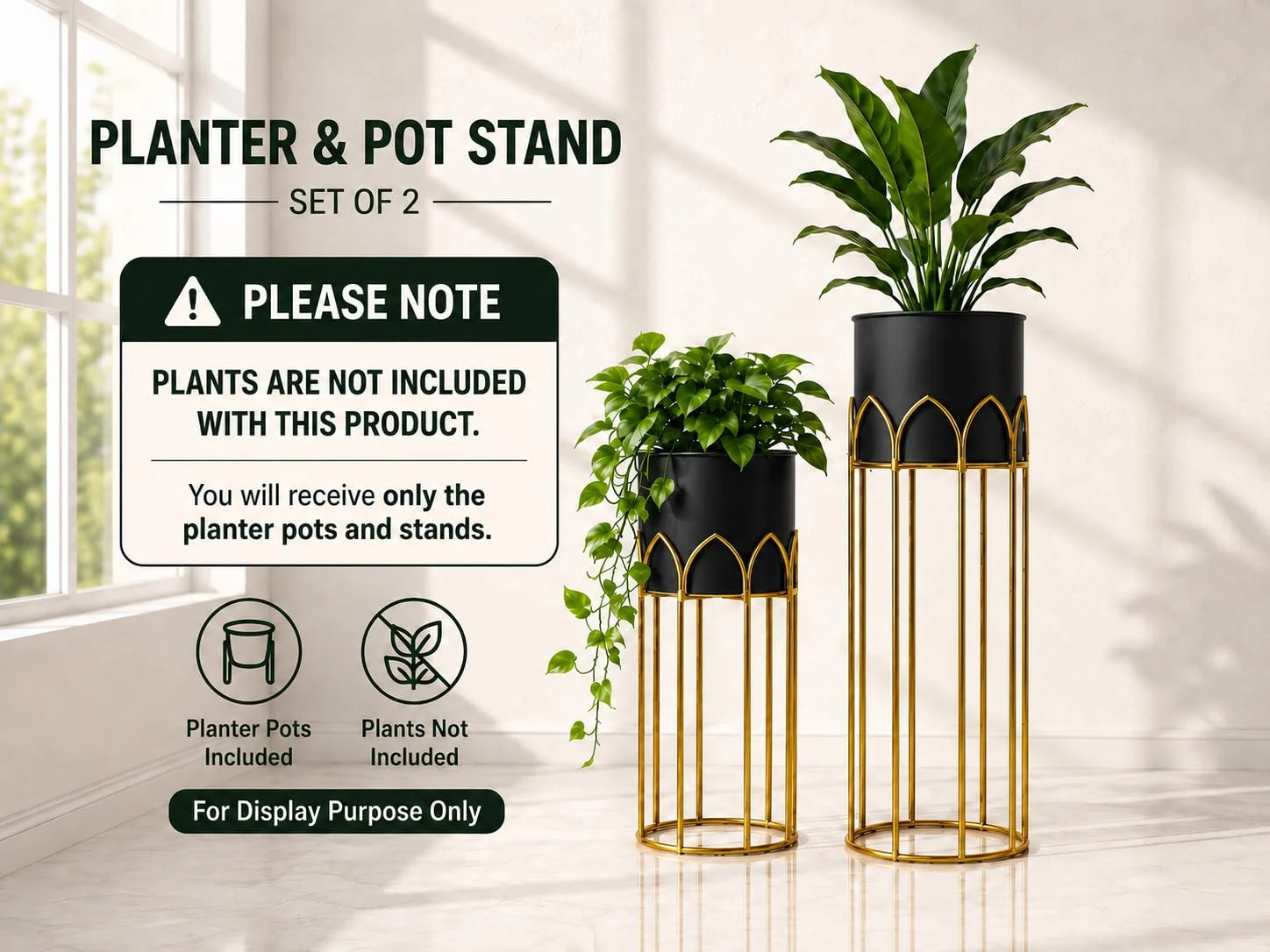 Modern, Stylish Metal Planter with Stand for Indoor & Outdoor Plants | Tall Plant Pot for Balcony, Living Room, Garden | Decorative Floor Flower Pot with Stand Set of 2 (Black) - Image 2