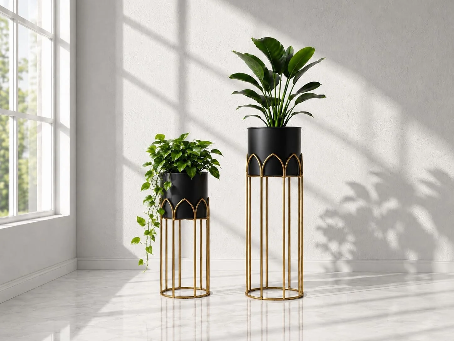 Modern, Stylish Metal Planter with Stand for Indoor & Outdoor Plants | Tall Plant Pot for Balcony, Living Room, Garden | Decorative Floor Flower Pot with Stand Set of 2 (Black) - Image 5