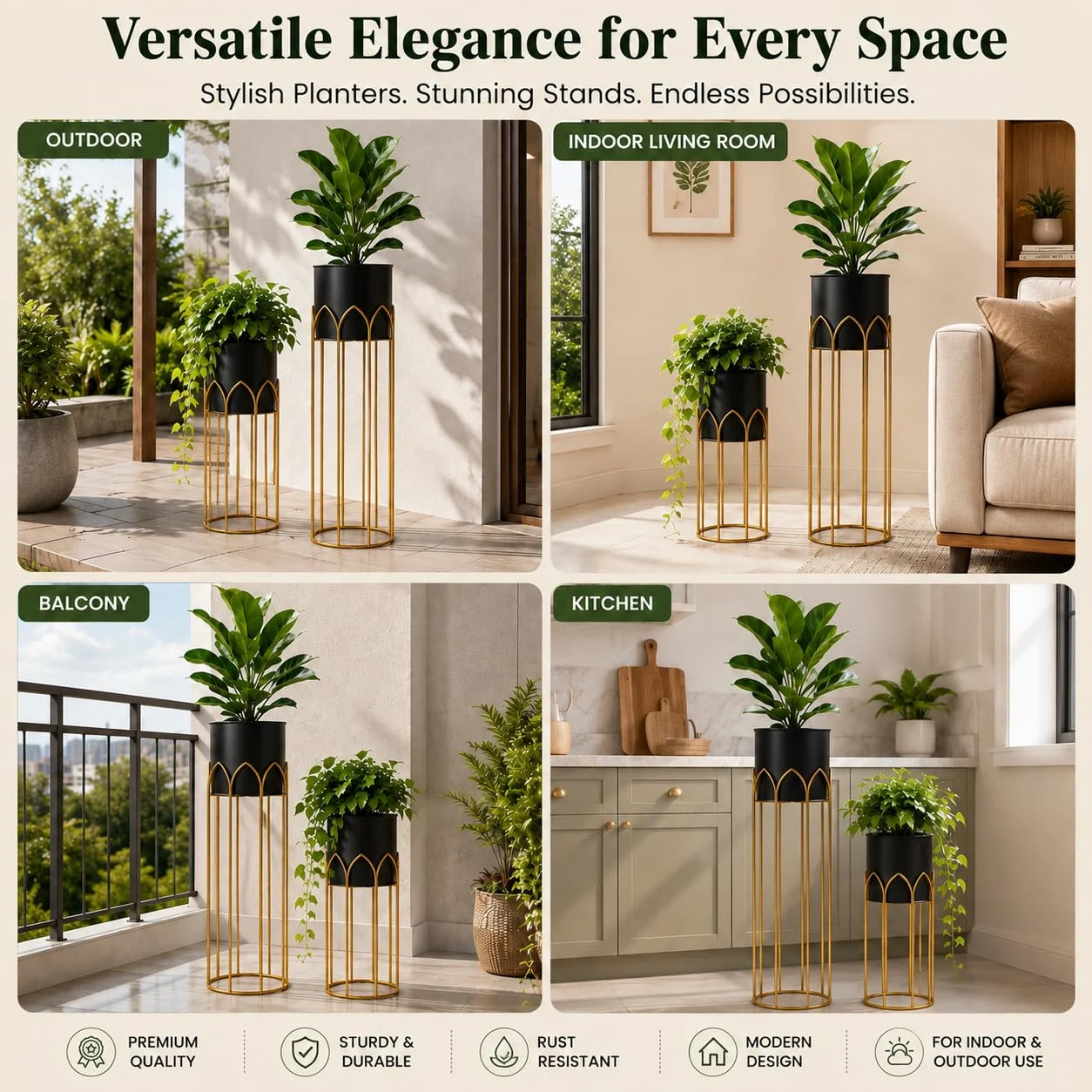 Modern, Stylish Metal Planter with Stand for Indoor & Outdoor Plants | Tall Plant Pot for Balcony, Living Room, Garden | Decorative Floor Flower Pot with Stand Set of 2 (Black) - Image 3