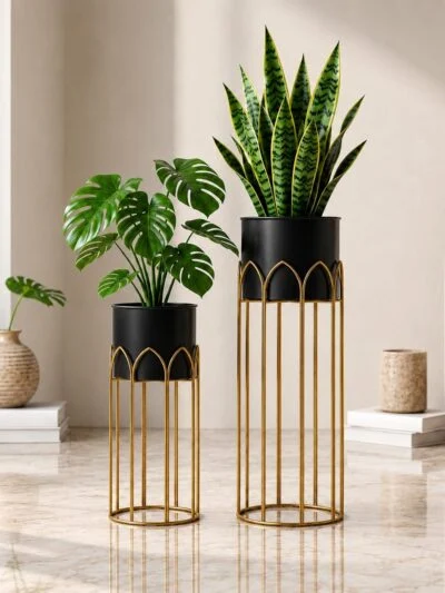 Modern, Stylish Metal Planter with Stand for Indoor & Outdoor Plants | Tall Plant Pot for Balcony, Living Room, Garden | Decorative Floor Flower Pot with Stand Set of 2 (Black)