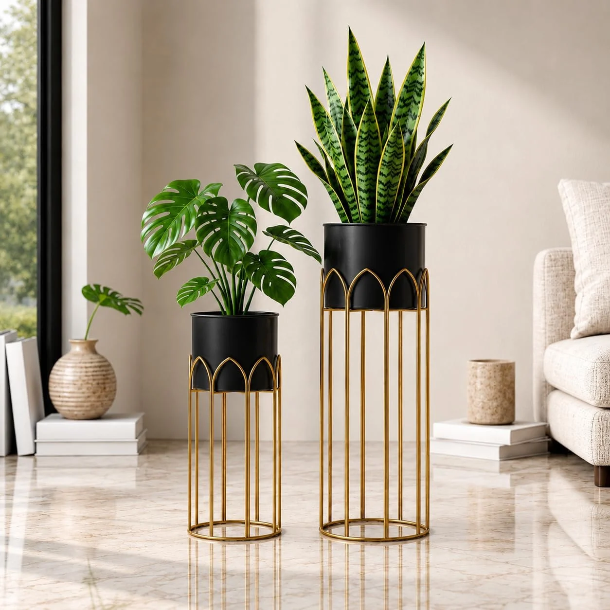 Modern, Stylish Metal Planter with Stand for Indoor & Outdoor Plants | Tall Plant Pot for Balcony, Living Room, Garden | Decorative Floor Flower Pot with Stand Set of 2 (Black)