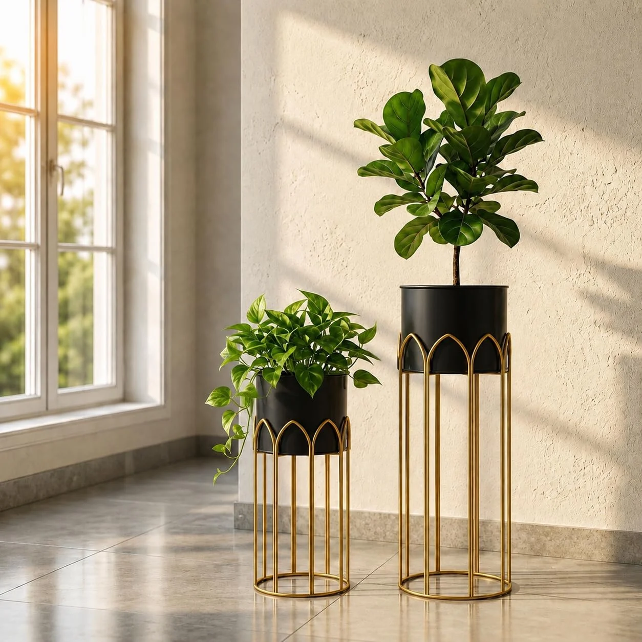 Modern, Stylish Metal Planter with Stand for Indoor & Outdoor Plants | Tall Plant Pot for Balcony, Living Room, Garden | Decorative Floor Flower Pot with Stand Set of 2 (Black) - Image 7